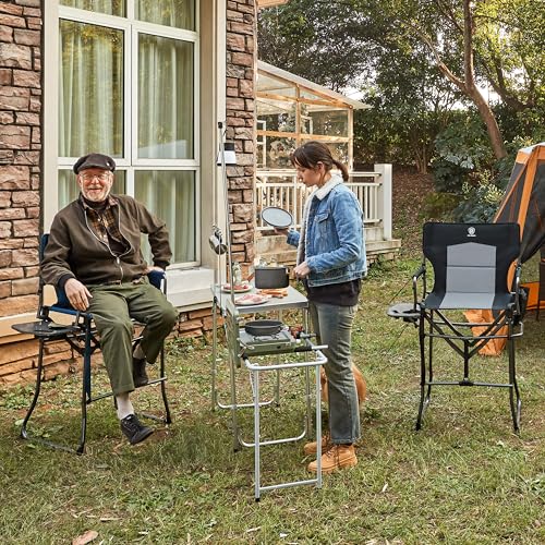 EVER ADVANCED Portable 30.7" Seat Height Tall Folding Camping Chair Directors Chair High Foldable Bar Stool with Side Table for Makeup Artist, Sports Event, Craft Show, Supports 350LBS - color: Black Grey