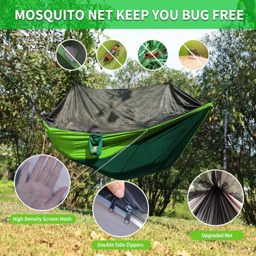 Camping Hammock with Net,Travel Portable Lightweight Hammocks with Tree Straps and Solid D-Shape Carabiners,Parachute Nylon Hammock for Outsides Backpacking Beach Backyard Patio Hiking - color: Dark Green & Green, size: Large