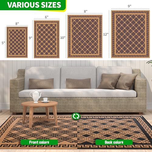 Outdoor Rugs, Outdoor Plastic Straw Rug, Reversible Waterproof Carpet for Camping, Poolside, Garden, BBQ Area, Gazebo Flooring, RV Park & Beach, Classical Style, 5x8 - color: Cross Frame - Black & Brown, size: 5' x 8'
