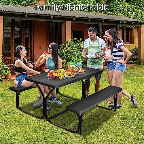 MEDIMALL Picnic Table, Portable Picnic Tables with Benches, Plastics Picnic Table Bench Set with Metal Frame & All Weather Tabletop, Large Camping Picnic Table for Outdoors, Backyard, Garden (Black) - color: Black
