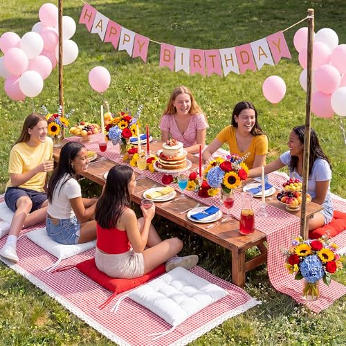 Extra Large Outdoor Picnic Blanket with Table Runner and Floor Pillow Cushion for Picnic Wedding Birthday Baby Shower Backyard Decor(59 x 102'',Burgundy,White,8 Pcs) - color: Burgundy,white