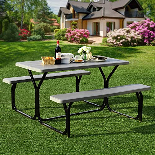 Hysache Picnic Table Bench Set, Patio All Weather Metal Base Camping Table Set w/Wood Texture Tabletop, Steel Frame, Large Camping Picnic Tables for Backyard Poolside Garden Patio Lawn (Grey) - color: Grey