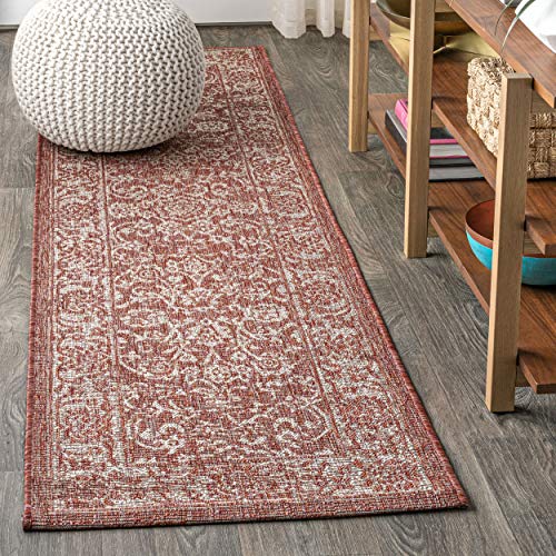JONATHAN Y Weave Floral Indoor Outdoor Runner Rug 2X8 Red/Taupe, Tela Bohemian Textured for Backyard, Patio, Porch, Easy-Cleaning, High Traffic, Pet-Friendly, Non-Shedding (SMB100A-28) - color: Red/Taupe, size: 2'2" x 8' (Runner)
