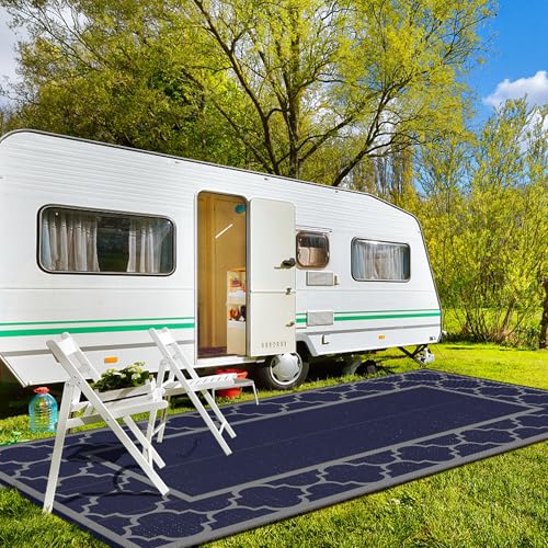 GENIMO 9 ' x 18 ' Outdoor Rug Waterproof for Patio Decor, Foldable Reversible Plastic Straw Area Rugs Mat for Camper, Outside Carpet for Rv, Deck, Porch, Picnic, Beach, Balcony, Blue & Grey - color: Blue & Grey, size: 9' x 18' (Rectangular)