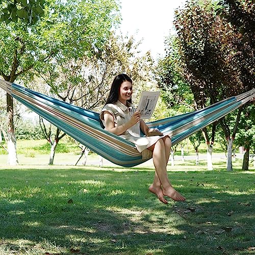 INNO STAGE 2 Persons Hammock with Tree Straps - Brazilian Double Hammocks, Portable Hanging Camping Bed for Patio, Backyard, Porch, Outdoor and Indoor Use Soft Cotton Carrying Bag, Blue, XX-Large - color: Blue, size: XX-Large