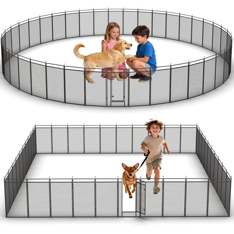 Dog Playpen with Safety Mesh, 40" Height 40 Panels Metal Dog Fence Indoor Outdoor, Portable Dog Kennel for Camping, Yard & RV | Black-Silver - size: 40'', style: 40 Panels