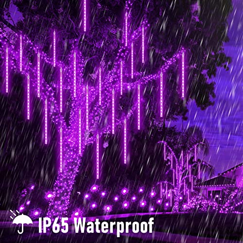JMEXSUSS 2 Pack Purple Solar Halloween Lights, 16 Tube 288 LED Solar Meteor Shower Rain Lights, Christmas Light Outdoor Waterproof for Tree Halloween Christmas Decorations - color: Purple, size: 2*144LED