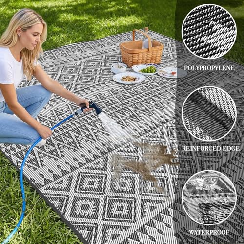 UPGRADE Waterproof Outdoor Rug 8x10 ft, Reversible Plastic Patio Rug, UV Resistant Straw Camping Mat with Carry Bag for RV Beach Deck Backyard, Black & White - color: Black & White, size: 8' x 10'