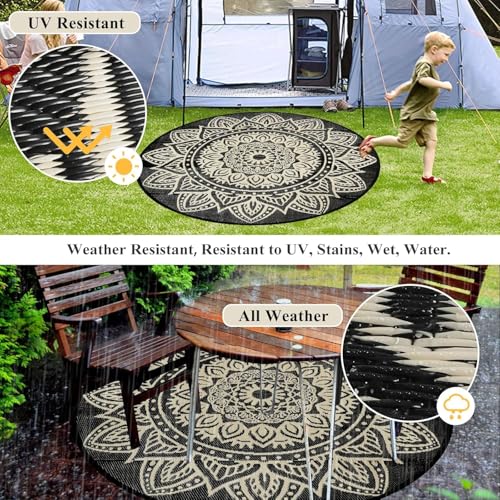 Round Outdoor Rugs for Patios 5ft Boho Plastic Outdoor Rug Waterproof Reversible Circle Outside Rugs Lightweight Portable All Weather Outdoor Carpet for Patio Backyard Porch(Black Camel) - color: Black Camel, size: Round 5ft