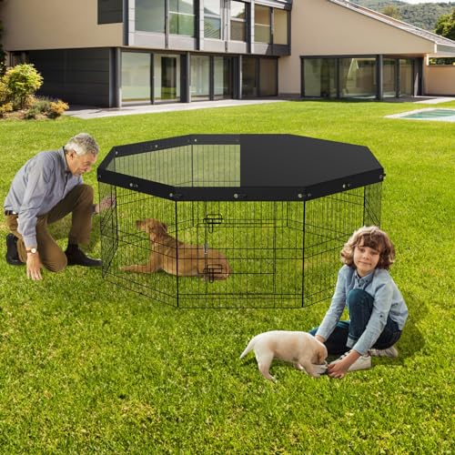 VEVOR Foldable Metal Dog Exercise Pen, Pet Puppy Playpen Yard Fence with Top Cover & Door, Indoor Outdoor 8 Panels 24" W x 24" H Dogs Crate Kennel with Ground Stakes for Small & Medium Dogs - size: 8 panels 24*24in, style: Playpen + Top Cover