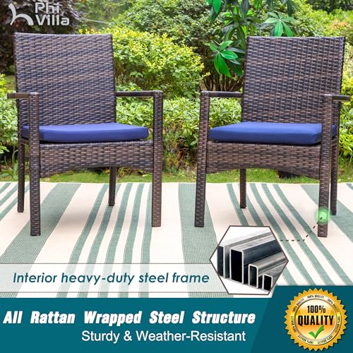 PHI VILLA 5 Piece Outdoor Dining Set with Umbrella for 4, 37" Square Metal Wood-top Dining Table & Wicker Rattan Chairs with Cushions & 10ft Beige Umbrella for Patio, Deck, Backyard, Porch - color: Beige, size: 5PCS 37" Wood-top Table