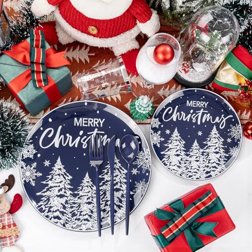 Supernal 150pcs Blue Christmas Plastic Plates - Christmas Party Tableware Set Include Blue Plastic Plates with White Xmas Trees, Heavy Duty Silverware Disposable, Silver Cups for New Year - color: 150pcs Blue and White Christmas Plastic Dinnerware Set