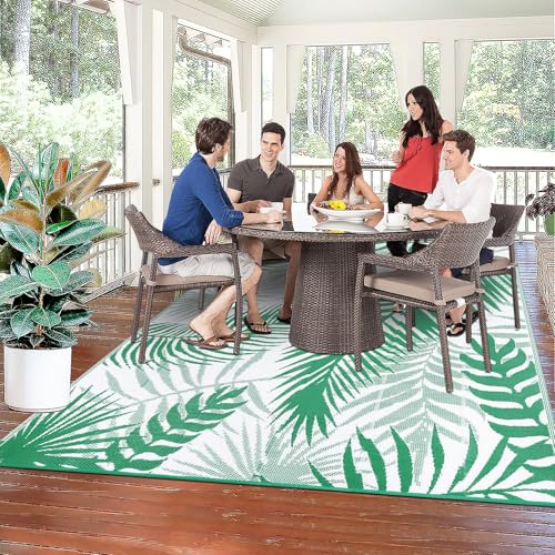 Outdoor Rug 8'x10' Waterproof for Patios Clearance, Reversible Outdoor Plastic Straw Rug Camping Carpet, Outside Floor Mats Large Area Rugs for RV,Patio,Deck,Porch, Beach,Balcony,Green&White - color: Green&white, size: 8' x 10' (Rectangular)