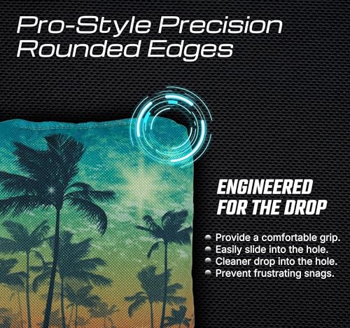 Professional Cornhole Bags Set of 8 - Dual Sided Stick & Slide (Suede/Woven) - Premium Resin Filled Regulation Weight & Size (6x6, 16oz) - Double Stitched Reinforced Seams with Carry Tote - color: Tropical Sunset