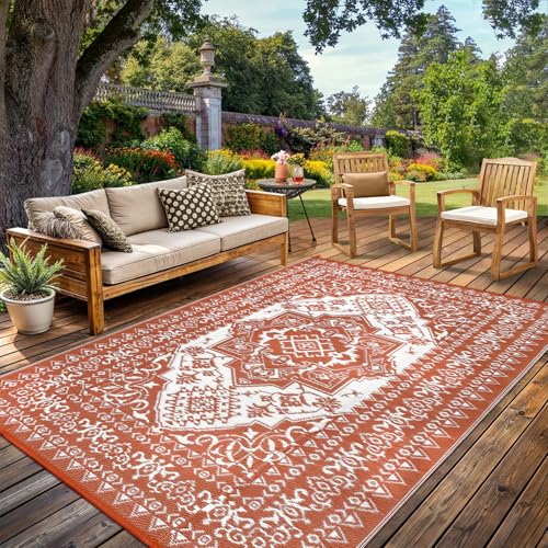 GlowSol Waterproof Outdoor Rug 10x14 Reversible Plastic Woven Straw Mat Portable Vintage Floral Design - Perfect for Camping, RVs, Patios, Backyards, Decks, Picnics, and Beach Use, Red - color: Vintage Red/White, size: 10' x 14' (Rectangular)