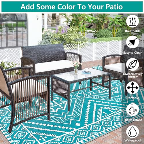 Waterproof Outdoor Rug 5x8 ft, Reversible Plastic Straw Mat, Large Floor Mat for Patio, Camping, Picnic, Backyard RV, Deck, Teal - color: Teal, size: 5' x 8'
