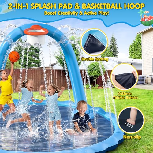 Instraella Splash Pad for Kids and Dog, 110" 2-in-1 Large Sprinkler Mat with Basketball Hoop and Arch for Kids Outdoor Play, Shoot Game for Backyard, Inflatable Water Toys More Fun for Boys and Girls - size: Round 110 in