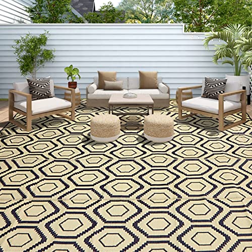 fifame Outdoor Camping Rugs, 9x18 Outdoor Rug Patios Clearance Plastic Straw Rug Weatherproof Reversible Mats, Large Floor Mat for Outdoors, RV, Patio, Backyard, Deck, Picnic, Beach, Trailer, Camping - color: Off-white & Black, size: 9' x 18'