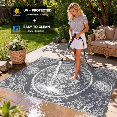 Pauwer Waterproof Outdoor Rug 6x9, Reversible Plastic Straw Patio Camping Rug, Indoor Outdoor RV Mat Carpet for Deck, Camper, Porch, Balcony, Backyard, Picnic, Paisley Grey - color: Paisley Grey, size: 6' x 9' (Rectangular)