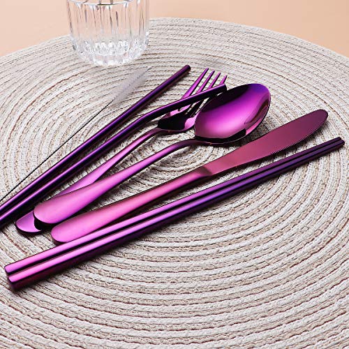 8-Piece Portable Stainless Steel Flatware Set, Travel Camping Cutlery Set with Purple Waterproof Case - color: Purple