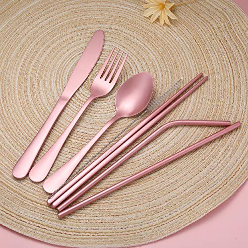 Portable Stainless Steel Flatware Set, Travel Camping Cutlery Set, Portable Utensil Travel Silverware Dinnerware Set with a Waterproof Case (Pink) - color: Pink