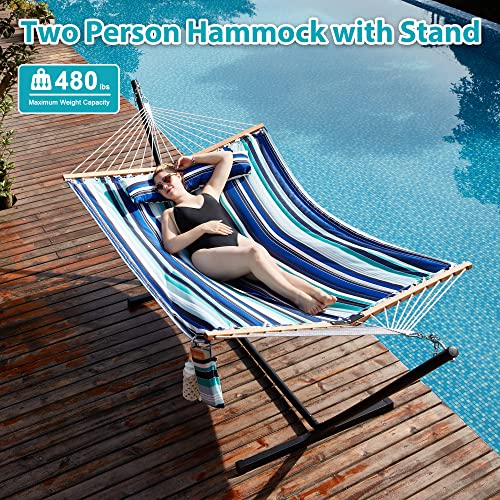 Homgava Two Person Hammock with Stand for Outside Heavy Duty, Outdoor Patio Hammock with Portable Steel Stand, Large Double Hammocks,480lbs Capacity.(Blue Stripes) - color: Blue Stripes