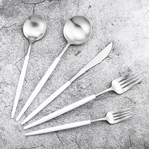5-Piece Matte Silver Stainless Steel Satin Finish Flatware Set - Dishwasher Safe, Perfect for Camping, Office Lunch or Home Use - color: White Handle Silver, size: Service for 1