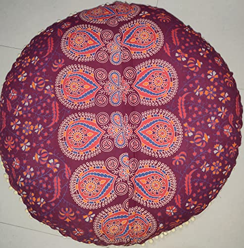 CRAFT KALA 32 Inch Meditation Floor Pillows Cover Round Pillow Cover Seating Hippie Decorative Bohemian Mandala Floor Cushion Cover Outdoor Yoga Living Room Throw Ottoman Poufs Cover (Maroon Mirchi) - color: Maroon Mirchi