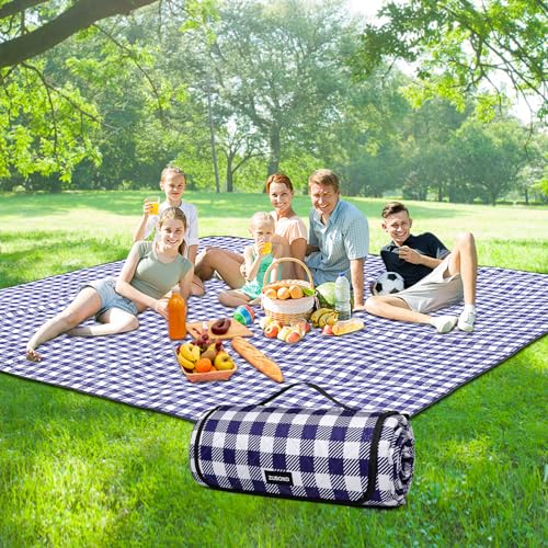 Picnic Blankets Outdoor Blanket Waterproof, 80''x80'' Extra Large Beach Blanket Sandproof Foldable Machine Washable, Vintage Gingham Picnic Mat Grass Lawn Park Family Camping Party Music Festival - color: Blue White, size: 6'8" X 6'8" (Square)