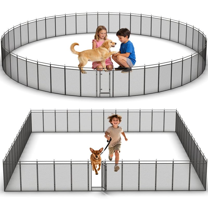 Dog Playpen with Safety Mesh, 32" Height 48 Panels Metal Dog Fence Indoor Outdoor, Portable Dog Kennel for Camping, Yard & RV | Black-Silver - size: 32'', style: 48 Panels