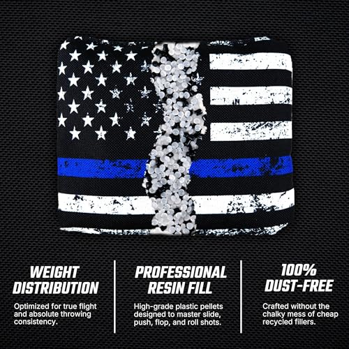 Professional Cornhole Bags Set of 8 - Dual Sided Stick & Slide (Suede/Woven) - Premium Resin Filled Regulation Weight & Size (6x6, 16oz) - Double Stitched Reinforced Seams with Carry Tote - color: American Heroes (Blue/Red Line)
