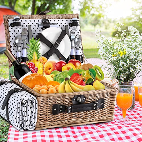 Picnic Basket for 4 Persons with Waterproof Picnic Blanket and Insulated Cooler, Large Wicker Picnic Basket for Camping, Outdoors, Valentine's Day, Christmas, Birthday, Wedding Gift - color: Brown＆white Spots