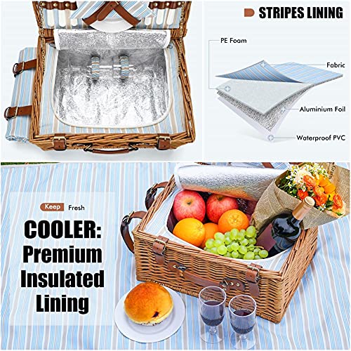 Picnic Basket Set for 2 Persons, Willow Hamper with Large Insulated Cooler Compartment, Waterproof Blanket and Cutlery Service Kit-Classical Brown - color: Light Honey Color for 2 Persons