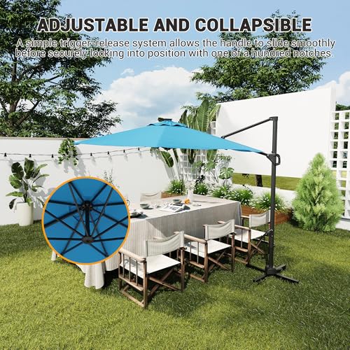 TrailBlaze 10ft Cantilever Patio Umbrella – 360° Rotating Offset Sun Shade with Adjustable Tilt, Waterproof Windproof 600D Oxford Canopy, Heavy-Duty Rustproof Aluminum Frame, Cross Base – Ideal for Garden, Patio, Poolside - color: Turquoise Blue