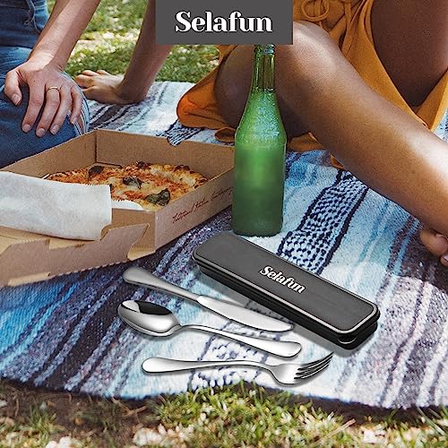 4-Piece Travel Set with Case - Portable Silverware Utensils - Stainless Steel Reusable Flatware - Cutlery Set for Camping, Picnic, Hiking, Office - Dishwasher Safe - color: Silver, size: 8 inch