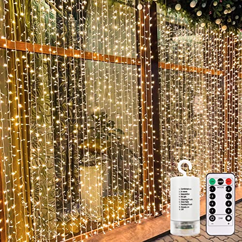 echosari 300 LED Curtain Lights Battery Operated, 9.8ft×9.8ft Hanging Light with Remote Timer Fairy Curtain Lights for Bedroom Patio Wedding Backdrop Party Decór (Warm White) - color: Warm White, size: 9.8ft X 9.8ft