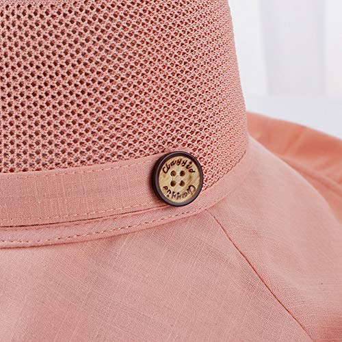 Women Mesh Sun Hats Summer Beach UV Protection UPF Packable Wide Brim Chin Strap - color: Pink