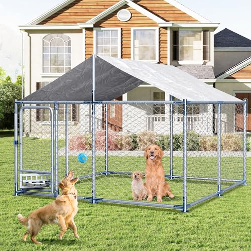 Grepatio Outside Dog Kennel with 2 Rotating Feeder Bowls, 7.5'x7.5' Outdoor Dog Kennel with Waterproof, Dog Enclosure for Large Dogs, Dogs Kennels Run Dog Playpen Fence with Secure Lock (7.5x7.5 FT) - size: 7.5x7.5 FT