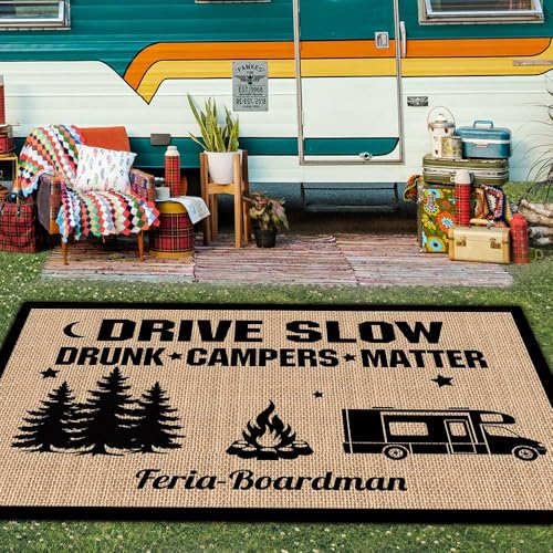Custom Outdoor Rug for Camping Drive Slow Drunk Campers Matter RV Trailer Decor Camping Rug for Outdoors, Backyard, Patio, Picnic, Beach, 48 x 72 Inch, 23 RV Optional - color: Drive Slo, size: 4' x 6' (Rectangular)