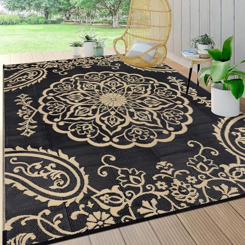 Pauwer Waterproof Outdoor Rug 6x9, Reversible Plastic Straw Patio Camping Rug, Indoor Outdoor RV Mat Carpet for Deck, Camper, Porch, Balcony, Backyard, Picnic, Boho Black Brown - color: Boho Black Brown, size: 6' x 9' (Rectangular)