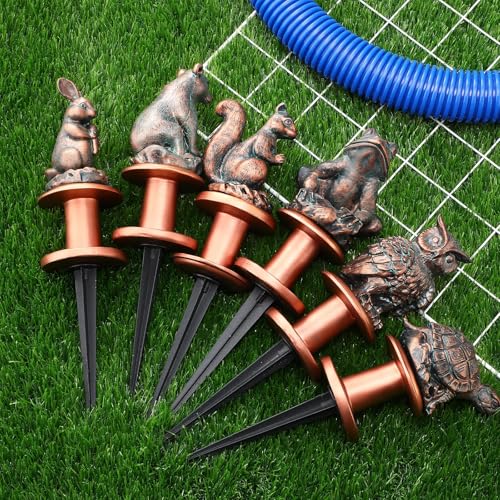 Zonon 6 Pcs Garden Hose Guide Stake Decorative 11.8 Inch Heavy Duty Metal Antique Water Hose Roller Guard Guide Stake Spike Resin Plant Saver Tools for Lawn Yard Garden(Antique Copper,Woodland Animal) - color: Antique Copper, style: Woodland Animal