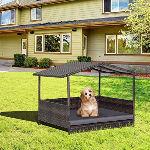 Tangkula Wicker Dog House, Indoor Outdoor Raised Rattan Dog Bed w/Removable Cushion, Washable Cover, Weatherproof Roof, Rattan Puppy Shelter w/Elevated Floor for Small Medium Dogs (Grey) - style: Grey
