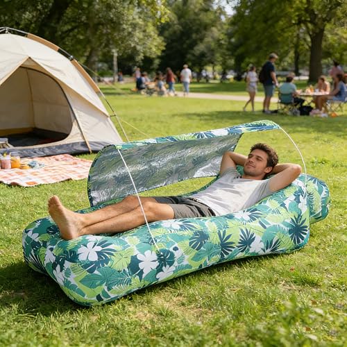 Inflatable Couch,Air Sofa with Sun-Shade Design,Built-in Storage,Ripstop Polyester&Stability Pegs,Portable Air Lounger for Beach,Camping,Easy to Carry,2 Inflation Ways(Included Pump)Leaf Green - color: Leaf Green