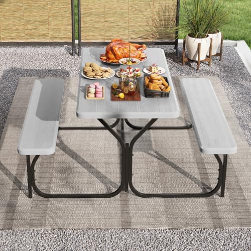 Moccha Picnic Table Bench Set - Portable Plastic Picnic Table w/Steel Frame & Wood-Like Texture, All Weather Heavy Duty Picnic Table Kit, Picnic Tables for Outdoors Garden Patio Party Dining (Grey) - color: Grey
