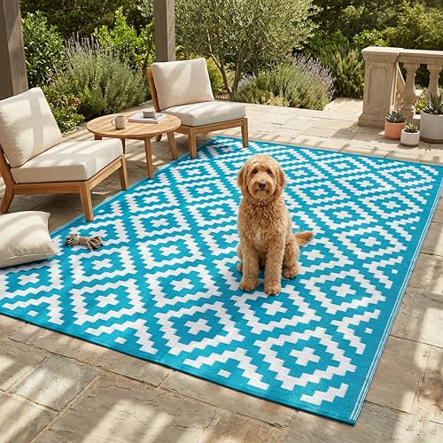 FH Home Outdoor Rug - Waterproof, Fade Resistant, Reversible - Premium Recycled Plastic - Geometric - Large Patio, Deck, Sunroom, Camping, RV - Aztec - Teal & White Crease Free - 6 x 9 ft - color: Aztec - Teal & White, size: 6' x 9' (Rectangular)