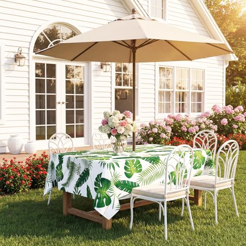 Poise3EHome 60X84 Outdoor/Indoor Waterproof Tropical Rectangle Tablecloth Green with Umbrella Hole Zipper for Camping Picnic Party Patio Table Spring, Palm Leaf - color: Palm Leaf, size: 84" x 60" (Rectangular)
