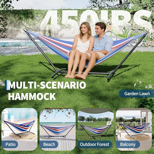 TrailBlaze Double Hammock with Heavy-Duty Steel Stand – Portable 2 Person Outdoor/Indoor Patio Hammock Set – 450lbs Capacity, Space-Saving, Carry Bag Included, Comfortable & Durable – Blue, White and - color: Blue White Red Stripes