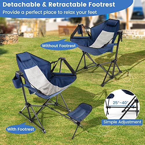 HAPPYGRILL Hammock Camping Chair Outdoor Folding Swinging Chair with Retractable Footrest, Cozy Head Pillow, Carrying Bag Included, Portable Lightweight Rocking Chair for Camping Fishing Picnic - color: Navy 1 Pack