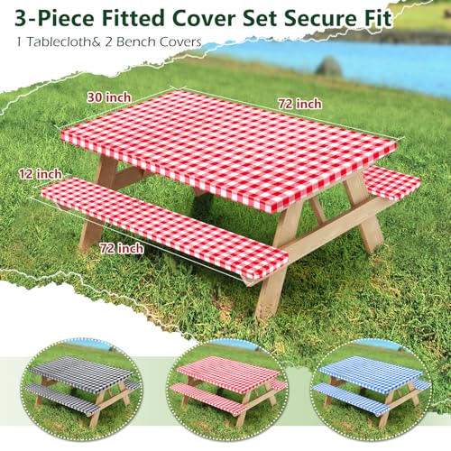 Picnic Table Cover with Bench Covers and Bag, Camping Table Camping Essentials Cover with Elastic Edges (Red) - color: Red