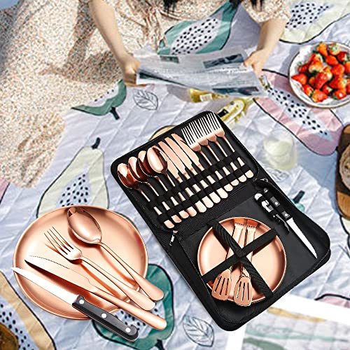 Picnic Tableware Set Camping Dinnerware Copper/Rose Gold Silverware and Plates Kit for 4 Portable Utensils Stainless Steel Dishes Spoons Forks Knives Bottle Opener Food Tongs - size: 20, style: Copper/Rose Gold Camping Flatware